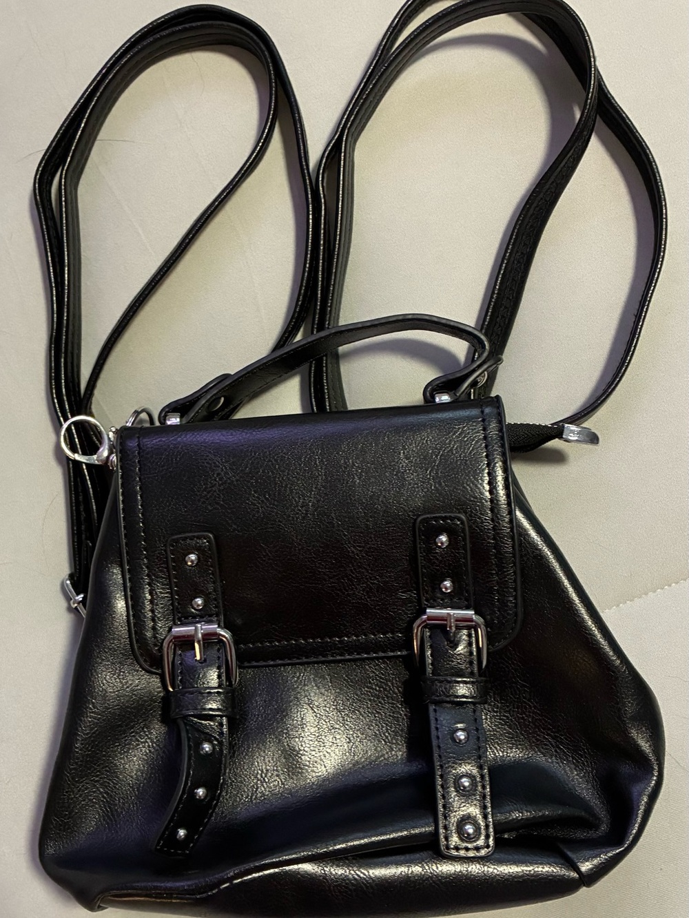 Black Faux Leather Convertible Backpack Purse